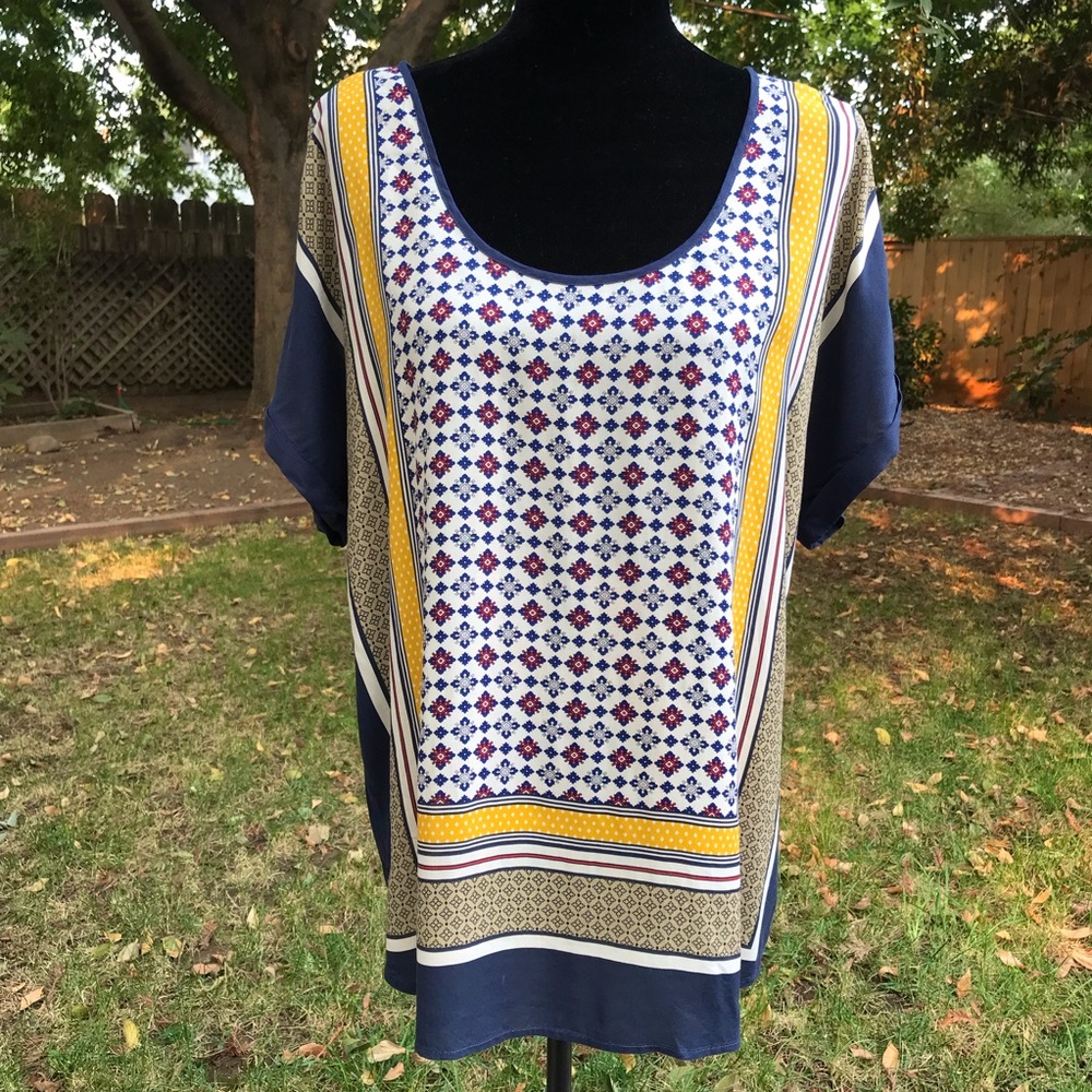 Lucky Brand Mosaic Tile w/ Stripe Rayon Top L - Picture 1 of 4